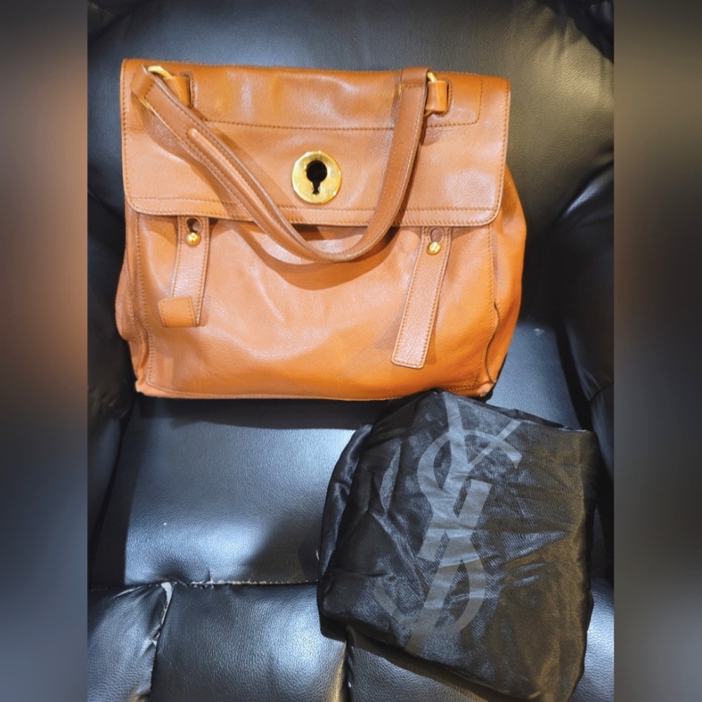 YVES SAINT LAURENT Muse Two Shoulder Hand Bag Leather Canvas Brown